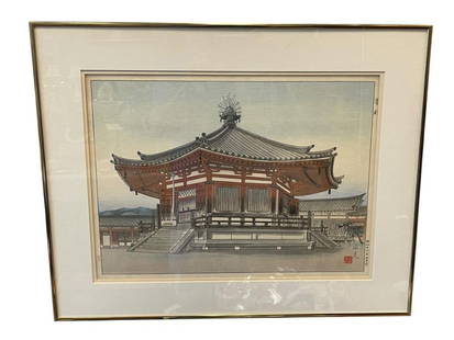 SHOGEN JAPANESE BLOCK PRINT OF RENOWN BUDDHIST TEMPLE YUMEDONO "DREAM HALL": SHOGEN JAPANESE ARTIST WOODBLOCK PRINT OF DREAM HALL BUDDHIST TEMPLE YUMEDONO, SIGNED, ARTIST INFO ON REVERSE, FRAMED 23 1/2" X 18 1/4"