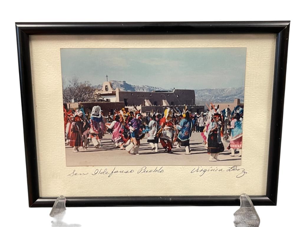 NEW MEXICO PUEBLO CEREMONY PHOTOGRAPH BY VIRGINIA LIEZ: VIRGINIA LIEZ PUEBLO CEREMONY PHOTOGRAPH, DEPICTS PEOPLE DANCING IN TRADITIONAL NATIVE AMERICAN ATTIRE WITH MISSION IN BACKGROUND 7" X 5"
