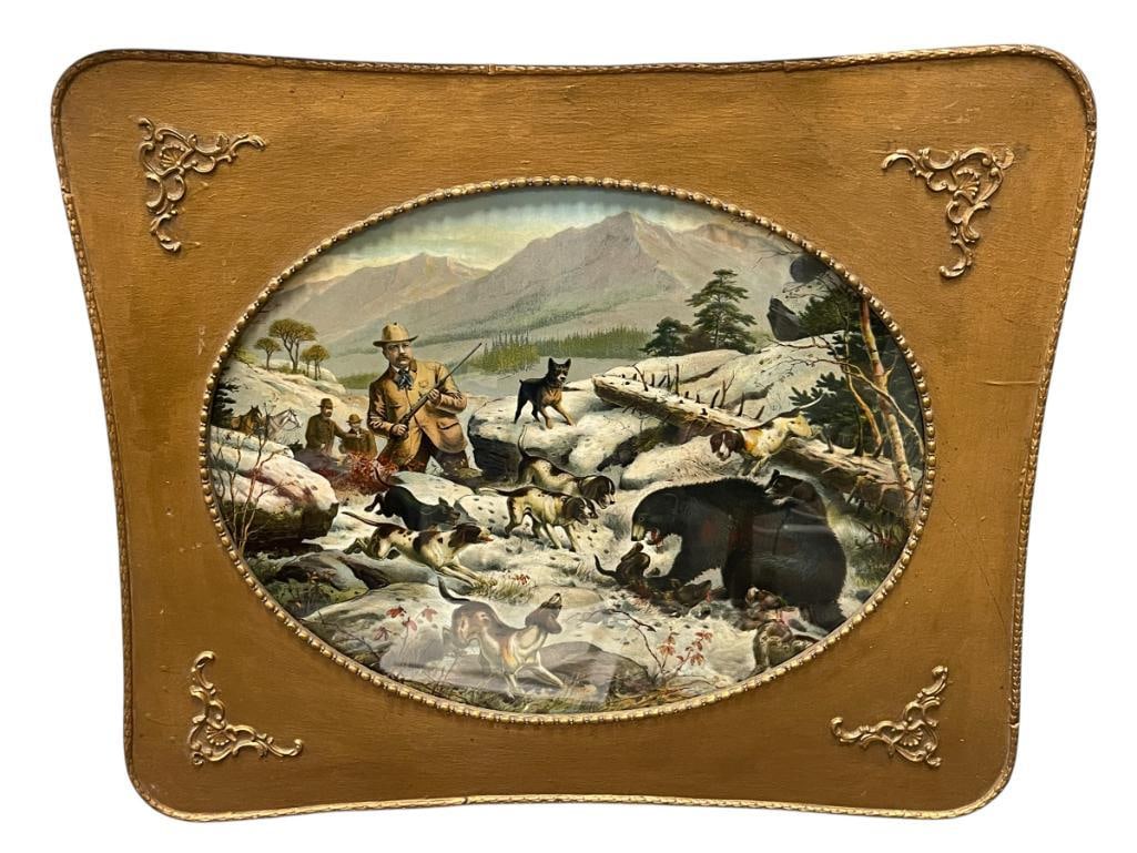 1907 CHROMOLITHOGRAPH "TEDDY ROOSEVELT AND THE BEAR AT BAY" PRINT (1 of 13)