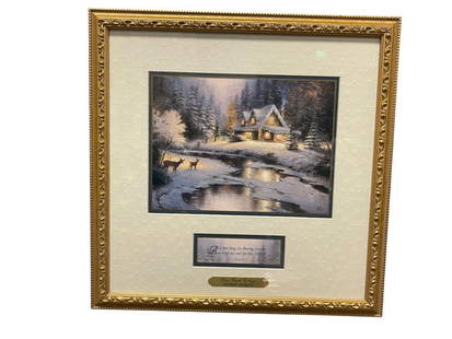 THOMAS KINKADE ACCENT PRINT TITLED DEER CREEK COTTAGE WITH RELIGIOUS PROVERB: THOMAS KINKADE (1958-2012) RENOWN MASS MARKETING AMERICAN ARTIST, DEER CREEK COTTAGE ACCENT PRINT, CERTIFICATE OF AUTHENTICITY ON REVERSE, FRAMED 14 1/2" X 14 1/2"