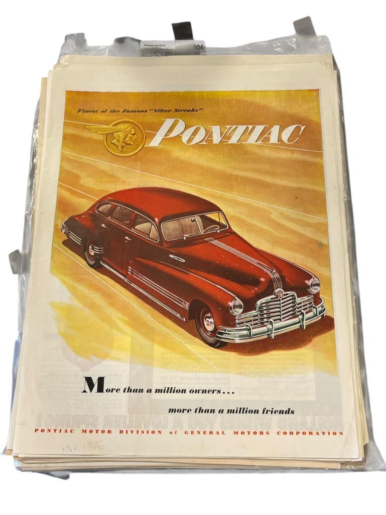 APPROX. 100 VINTAGE 1940'S - 1960'S PONTIAC CLASSIC CAR ADS: FEATURING VARIOUS MODELS OF PONTIACS WITH CLASSIC AD DESIGN