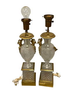 PAIR OF BACCARAT FRENCH DIAMOND CUT CRYSTAL AND GILT BRONZE EMPIRE REGENCY TABLE LAMPS: CLASSIC MID-CENTURY DESIGN, ONE NEEDS ATTACHED SWANS TO BE TIGHTENED, TESTED +, NO SHADES 22" H