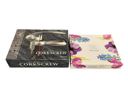 TWO NEW IN PACKAGE HOME DECOR ITEMS INCLUDING PROFESSIONAL CORKSCREW AND PORTMEIRION CHEESE SET: BOTH NEW IN ORIGINAL PACKAGING, CHEESE SET INCLUDING KNIFE AND SIX SPREADERS, CORKSCREW KIT INCLUDES FOIL CUTTER, TWO EXTRA SCREWS, AND BOTTLE STOPPER