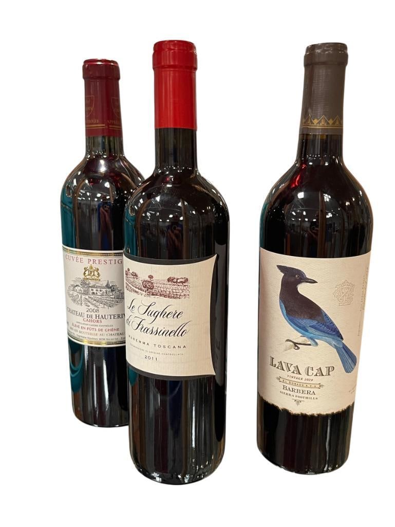 THREE COLLETIBLE BOTTLES OF RED WINE INCLUDING 2008 CUVEE PRESTIGE CHATEAU DE HAUTERIVE: ALSO INCLUDES 2011 LE LUGHERE DI FRASSINELLO MAREMA TOSCANA AND LAVA CAP VINTAGE 2020 EL DORADO BARBERA, PROPERLY STORED, MUST BE 21+ IN ORDER TO BID AND PURCHASE, LOCAL RESIDENCE ONLY, NO SHIPPI