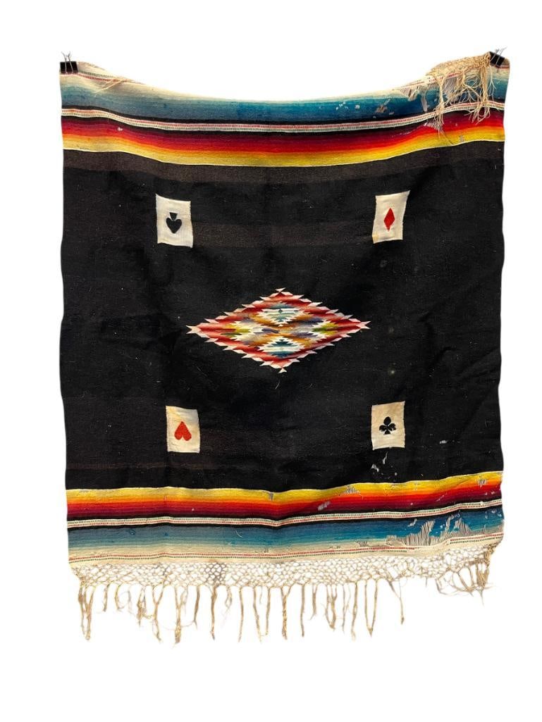 VINTAGE SALTILLO SERAPE WITH BLACK BACKGROUND FEATURING EACH OF THE FOUR PLAYING CARD SUITS (1 of 8)