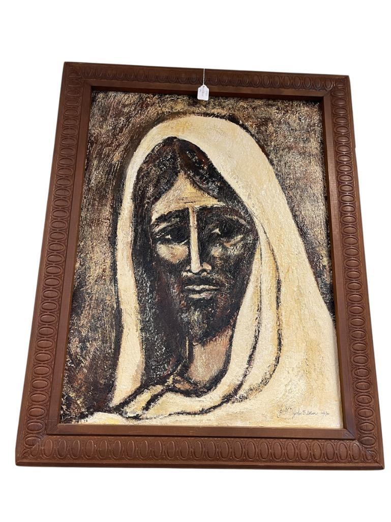 VINTAGE ORIGINAL ACRYLIC ON CANVAS PAINTING OF JESUS SIGNED JOHN B. SKOOR AND DATED 1980 (1 of 9)