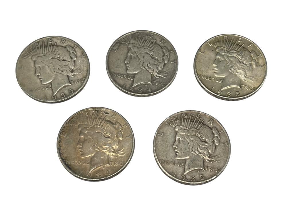 FIVE U.S. PEACE SILVER DOLLARS FROM THE 1930'S (1 of 13)