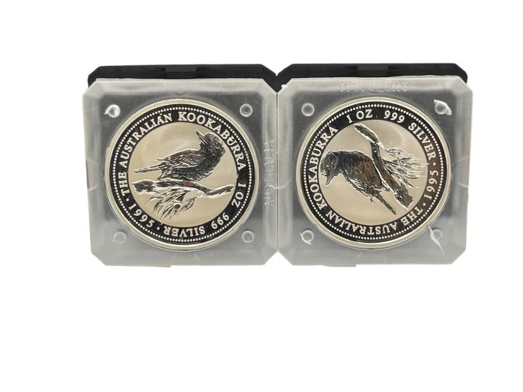 1995 AUSTRAILIA KOOKABURRA .999 FINE SILVER DOLLARS FEATURING QUEEN ELIZABETH II: IN HARD PLASTIC CAPSULE 1 TROY OUNCE EACH