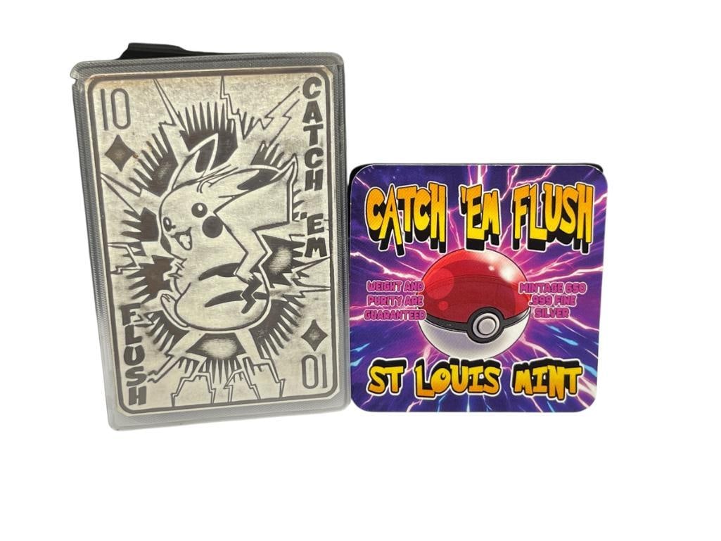 ST. LOUIS MINT "CATCH 'EM FLUSH" POKEMON .999 FINE SILVER TRADING CARD 10 OF DIAMONDS PIKACHU (1 of 8)