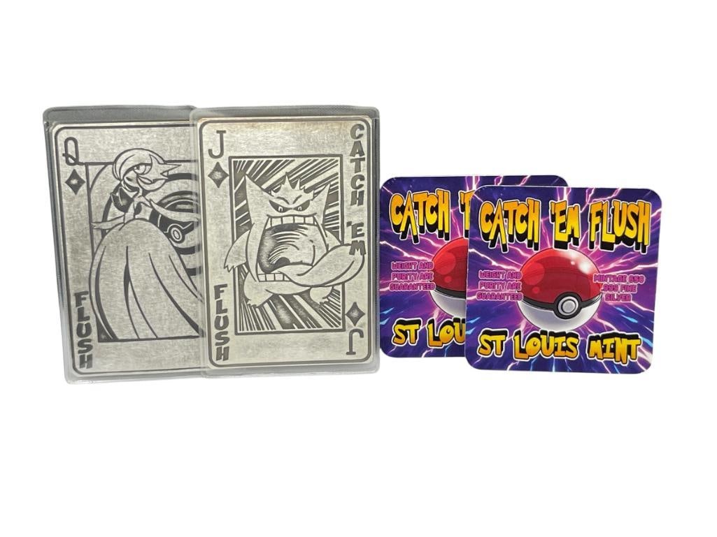 ST. LOUIS MINT "CATCH 'EM FLUSH" POKEMON .999 FINE SILVER TRADING CARDS INCLUDING JACK AND QUEEN: BOTH DIAMOND SUITED, INCLUDES QUEEN OF DIAMONDS GARDEVOIR AND JACK OF DIAMONDS GENGAR 1 TROY OUNCE EACH, 3 1/4"