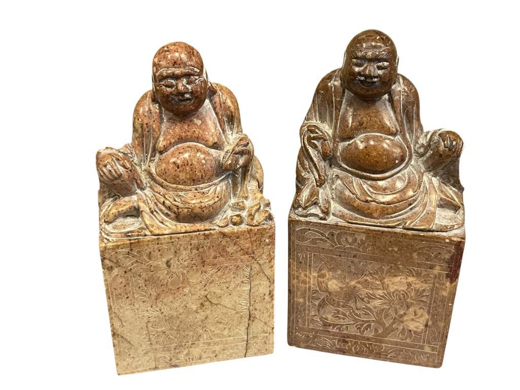 TWO 20TH CENTURY CHINESE SHOUSHAN CARVED SOAPSTONE BUDDHIST FIGURAL CHOP SEALS (1 of 11)