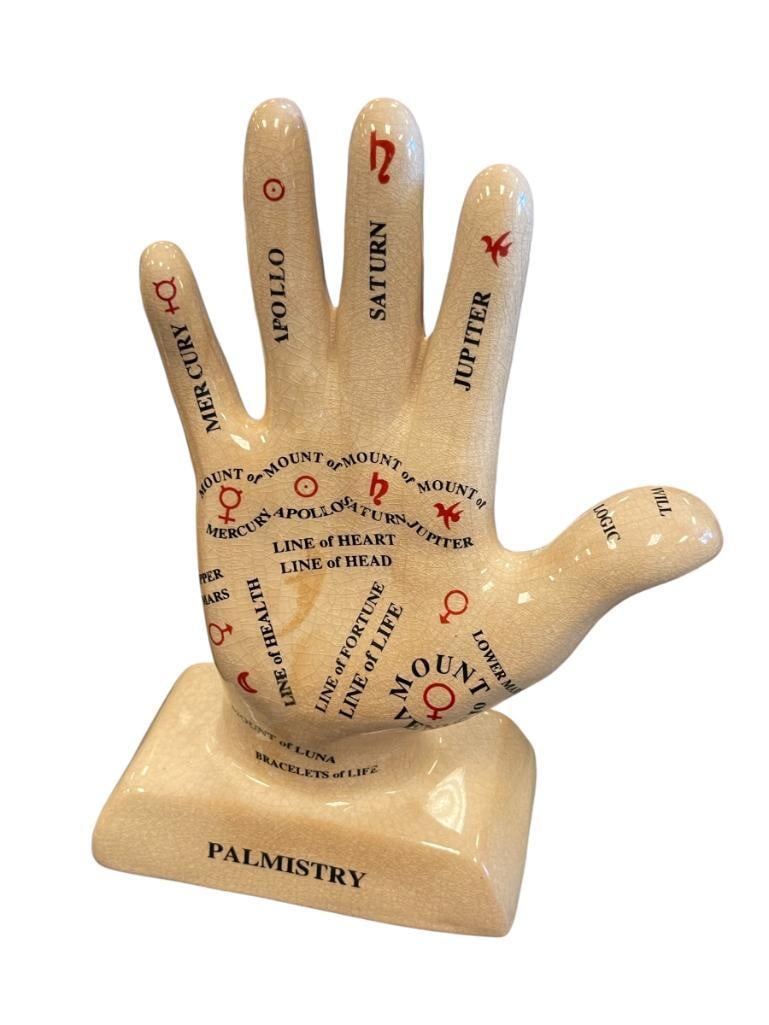 PAMISTRY VISUAL GUIDE FOR THE PRACTICE OF PALMISTRY ALSO KNOWN AS CHIROMANCY PALM FIGURE: VIRTUALLY REPRESENTS LINES, MOUNTS AND SYMBOLS ON THE PALM, CERAMIC PALM FIGURE WITH DETAILED MARKINGS AND LABELS 11 5/8" H