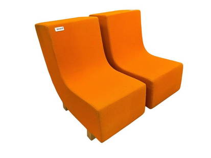 BJORN DAHLSTROM SWEDISH FURNITURE AND PRODUCT DESIGNER BD:1 1997 MODERN LOUNGE CHAIRS: MODEL BD:1 BURNT ORANGE PADDED UPHOLSTERED LOUNGE CHAIRS DESIGNED IN 1994, MADE IN 1997 BY CBI IN SWEDEN, MAPLE LEGS, EACH CHAIR HAS ORIGINAL LABEL 17 1/2" X 34" X 31"&nbsp;