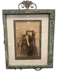 LOUIS REMY SABATTIER FRENCH WWI PROPAGANDA POSTER "MERCI" THANK YOU TITLED MILITARY POSTER: REMY LOUIS SABATTIER (1863-1935) FRENCH ARTIST KNOWN FOR MAGAZINE ILLUSTRATIONS, ART DEPICTS SOLDIER BEING KISSED BY A CIVILIAN WOMAN, CREATED AT THE END OF WWI TO EXPRESS GRATITUDE TO SOLDIERS, FRAME