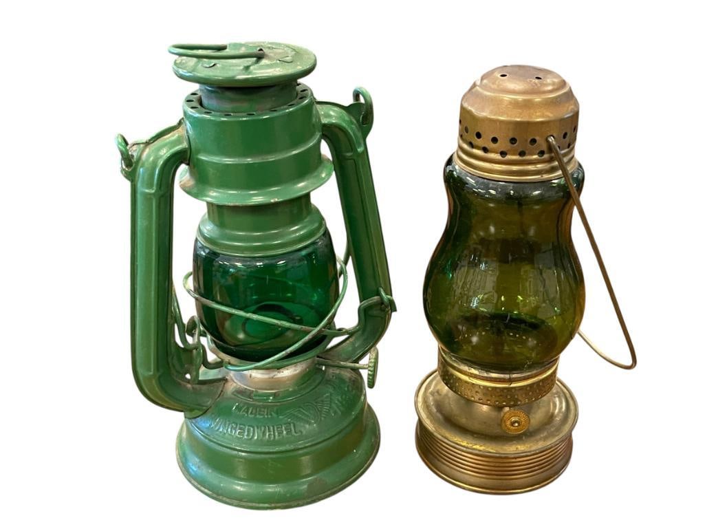 ANTIQUE SKATER MINIATURE OIL LAMP WITH GREEN GLASS GLOBE AND WINGED WHEEL JAPAN NO. 35 OIL LAMP (1 of 8)