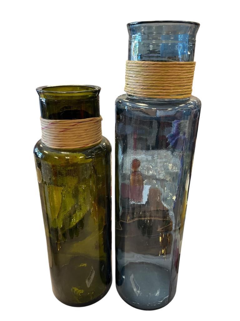 OLIVE AD COBALT BLUE VIDRIOS SAN MIGUEL SPANISH ART DECO GLASS TALL CYLINDRICAL VASES (1 of 10)