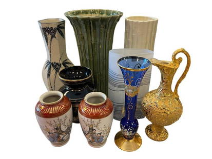 ASSORTED POTTERY, ART GLASS, AND CERAMIC VASES FROM BOHEMIA GLASS, KOSTA BODA ART GLASS, JAPANESE: INCLUDES&nbsp;PAIR OF JAPANESE MINIATURE VASES, KOSTA BODA DESIGNER SWEDISH VASE, BOHEMIA COBALT BLUE VASE, GILT ENCRUSTED PITCHER, AND THREE BAMBOO DESIGN VASES 5" UP TO 10 1/4" H