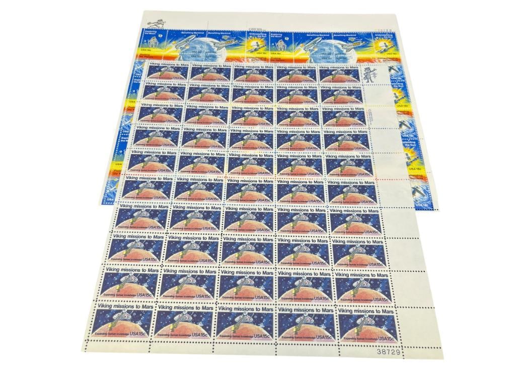 U.S. SPACE THEMED STAMP UNCUT MINT SHEETS INCLUDING VIKING MISSIONS TO MARS AND EXPLORING THE MOON: 15 CENTS AND 18 CENTS STAMPS, FACE VALUE OF $16.14