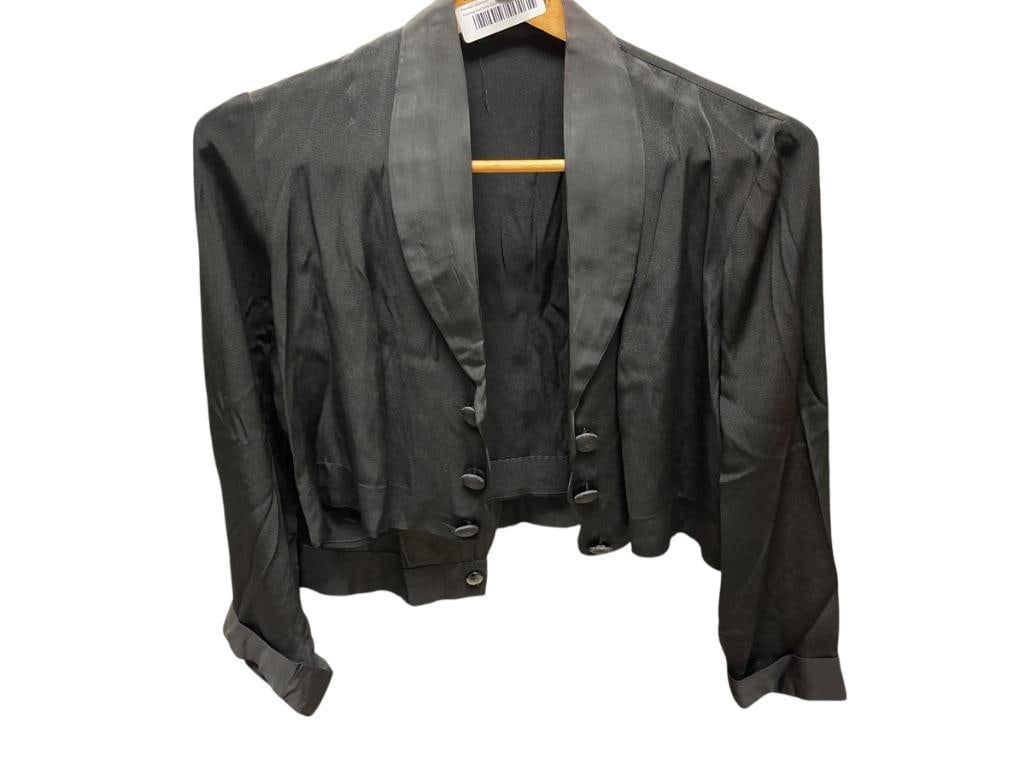 VINTAGE WOMAN CLOTHING SATIN BEADED EVENING GOWN WITH SHIRT AND BLACK VEST AND SHIRT: VINTAGE WOMANS CLOTHING