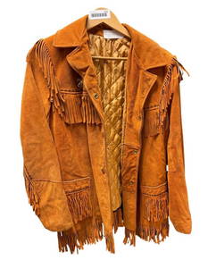 LADIES BROWN SUEDE JACKET WITH FRINGE: BROWN SUEDE JACKET WITH DECORATIVE FRINGE, WITH GOLD HORE PIN, POSSIBLY SIZE S/M