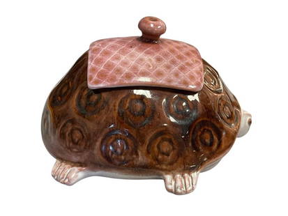 ROBERT AND JEAN CLOUTIER GLAZZED TERRACOTA FRENCH POTTERY TURTLE COVERED CONTAINER: ROBERT (1930-20080 AND JEAN (1930-2015) CLOUTIER GLAZED TERRACOTA TURRTLE COVERED CONTAINER, FRENCH POTTERY, JEAN AN ROBERT WERE TWIN BROTHERS OF FRENCH CERAMICS, THEY BOTH LED A CAREER IN CERAMICS UN