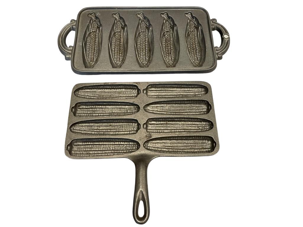TWO CAST IRON CORN BREAD MOLD BAKING PANS, ONE MADE BY JOHN WRIGHT, BOTH MADE IN USA: CAST IRON CORN BREAD MOLD PANS, ONE MADE BY JOHN WRIGHT, BOTH MADE IN USA 11" AND 12"