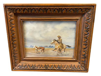 ROSEMARY HENRY WESTERN ORIGINAL OIL PAINTING ON CANVAS TITLED BRINGIN IN A STRAY: ROSEMARY HENRY WESTERN OIL ON CANVAS PAINITNG OF A RANCHER ON HORSEBACK ROPING A LOOSE CALF, SIGNED LOWER RIGHT, TITLE NAME ON REVERSE, FRAMED 18 1/4" X 15 1/4"