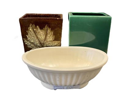 THREE PIECES OF VINTAGE POTTERY SAN CARLOS, ROYAL HAEGER, AND EILENE SIGNED POTTERY: 1988 EILENE SIGNED STUDIO POTTERY MAPLE LEAF DESIGN RECTANGULAR VASE, SAN CARLOS CALIFORNIA POTTERY GREEN GLAZE RECTANGULAR VASE, AND ROYAL HAEGER&nbsp;OBLONG FOOTED BOWL, HAEGAR BOWL HAS SMALL CHIP O