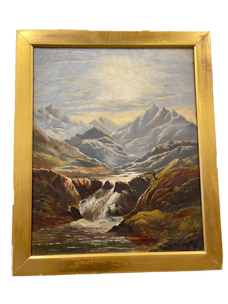 CHARLES LESLIE ENGLISH LANDSCAPE VICTORIAN ERA PAINTER ORIGINAL OIL ON CANVAS LANDSCAPE DATED 1871: CHARLES LESLIE (1839-1886) ENGLISH LANDSCAPE PAINTER DURING VICTORIAN ERA AND A MEMBER OF THE WILLIAMS FAMILY OF PAINTERS, ART DEPICTS LANDSCAPE SCENE WITH MOUNTAINS, RIVER AND WATERFALL WITH FISHERMA