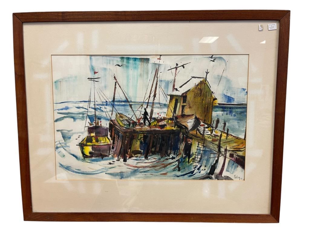 VINTAGE MID-CENTURY 1966 ORIGINAL WATERCOLOR OF FISHING BOAT PIER SIGNED BY ARTIST NELCY (1 of 8)