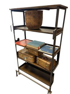 WORLD MARKET FURNITURE MODERN AGED LATTE WOOD AND METAL SHELVING UNIT FEATURING FOUR TIERS: ALSO FEATURES METAL BAR AT BASE OF SHELF 42" X 20" X 71"