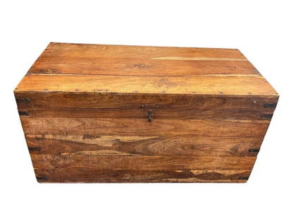 RUSTIC RECTANGLE BOX SHAPED WOOD STORAGE CHEST TRUNK WITH RAW NAIL DESIGN AND WROUGHT IRON HANDLES: GOOD CONDITION 38" X 19" X 19"