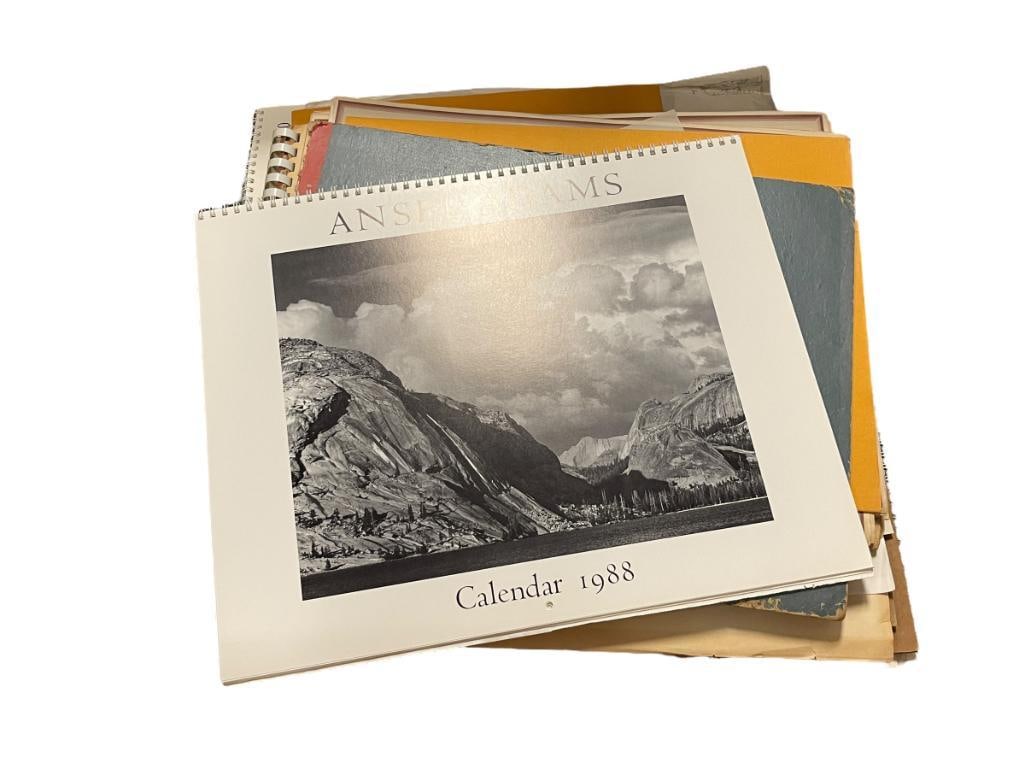 ASSORTED ANSEL ADAMS BLACK AND WHITE PHOTOGRAPHY CALENDARS, PICTORIAL PORTFOLIOS, AND MORE: ALSO INCLUDES COLORED PRINTS OF LANDMARKS "SEE YOUR WEST" BY STANDARD OIL COMPANY, AND MORE