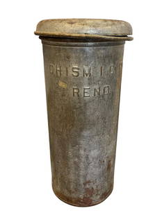 RENO, NV CHISM ICE CO ICE CREAM METAL DAIRY CAN WITH LID: CHISM ICE CO EMBOSSED ICE CREAM CONTAINER WITH LID, TOP FRONT OF CONTAINER READS "CHISM ICE CO RENO, NV" 21" H