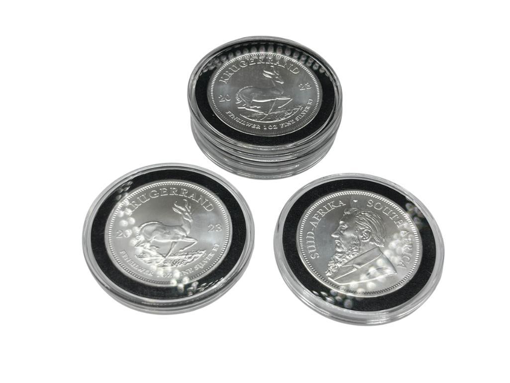 FIVE 2023 SOUTH AFRICAN .999 FINE SILVER KRUGERRAND PROOFS: IN HARD PLASTIC CAPSULES 1 TROY OUNCE EACH