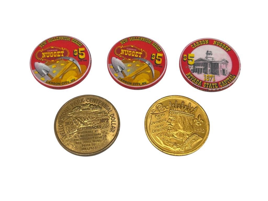 VINTAGE NUGGET CASINO CARSON CITY NEVADA $5 CASINO CHIPS, RED LODGE MONTANA YELLOWSTONE TOKEN, ETC.: ALSO INCLUDES 1991 "REX KING OF CARNIVAL NEW ORLEANS" TOKEN