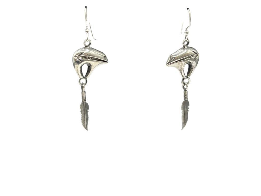 STERLING SILVER BEAR FETISH AND FEATHER DANGLE EARRINGS: SIGNED BY ARTIST 2 1/2", 9.85 GRAMS