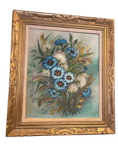 YLESSCAS MID-20TH CENTURY HEAVY ACRYLIC ON CANVAS FLORAL STILL LIFE PAINTING: BLUE AND WHITE FLORAL ACRYLIC ON CANVAS HEAVY PAINTING, SIGNED LOWER LEFT, FRAMED 27 1/2" X 31 1/2"