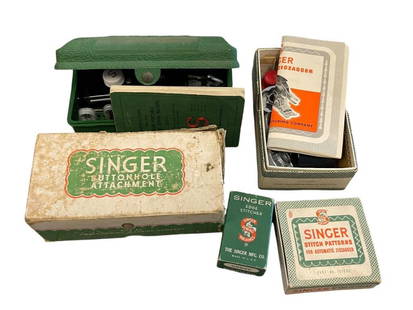 VINTAGE SINGER SEWING MACHINE FEATHERWEIGHT ATTACHMENTS AND ACCESSORIES: SINGER 221-1 INSTRUCTIONS BOOKLET, 36865EDGE STITCHER, STITCH PATTERNS NO.2 FOR AUTOMATIC ZIGZAGGER, AUTOMATIC ZIGZAGGER INCLUDED IN ORIGINAL BOX WITH BOOKLET, PLUS TWO BUTTON HOLE ATTACHMENTS