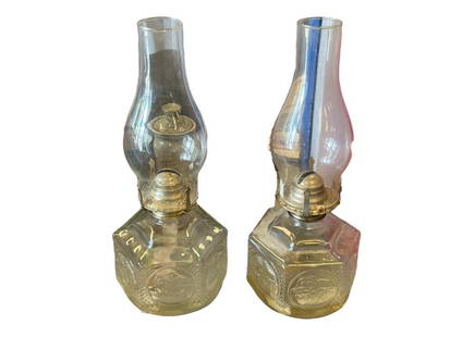 LAMPLIGHT FARMS EMBOSSED HEXAGONAL OIL LAMPS: LAMPLIGHT FARMS EMBOSSED HEXAGONAL OIL LAMPS WITH LEAR GLASS CHIMNEY 14 1/4" H