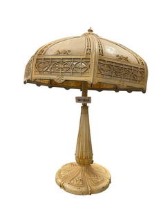 ANTIQUE ART NOUVEAU ACHITECTURAL DESIGN TABLE LAMP WITH SLAG GLASS PANEL SHADE CIRCA 1910: 1910 ART NOUVEAU ARCHITECTURAL DESIGN TABLE LAMP WITH SLAG GLASS PANEL SHADE, COMPLETE, BUT WILL NEED TO BE WORKED ON 23" H, 16 1/2" DIA. SHADE