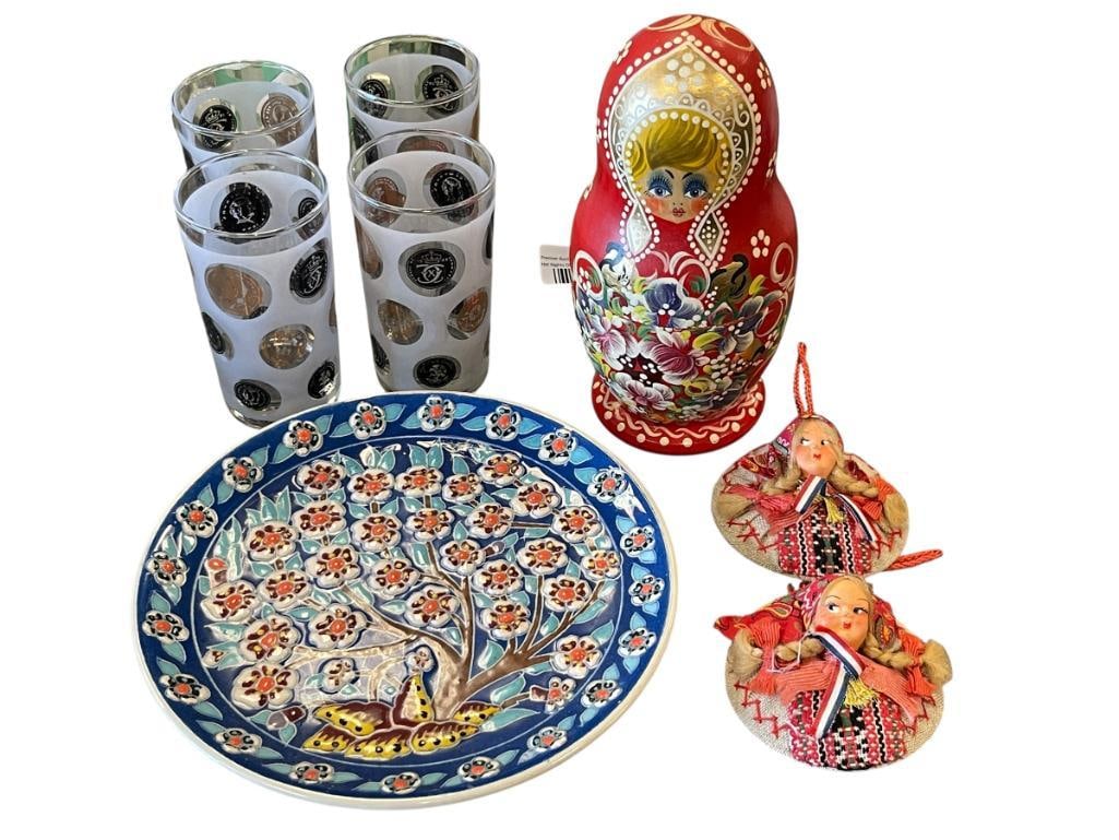 RUSSIA, TURKEY, AND HOLLAND COLLECTIBLE TEXTILE WALL HALF DOLLS, FOLK ART PLATE AND NESTING DOLL: RUSSIAN HAND TURNED WOOD NESTING DOLL, SIGNED ON BOTTOM, 1970'S TURKEY FOLK ART SIGNED FLOWER BLOSSOM TREE PLATE, AND HOLLAND HALF DOLL ROUND WALL DECOR 8 1/2" NESTING DOLL, 9" PLATE, 3 1/2" DOLL WALL