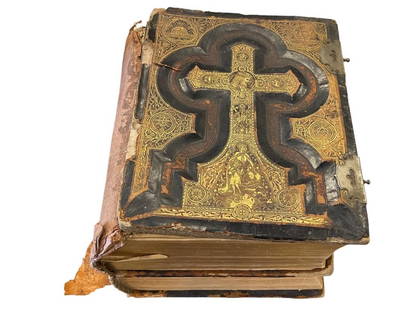 1800'S ENGLISH AND GERMAN LEATHER BOUND BIBLES: DIE HEILIGE SCHRIFT / THE HOLY SCRIPTURE GERMAN TEXT LEATHER BOUND BIBLE WITH EMBOSSED AND GILT COVERS, AND THE PEOPLES STANDARD EDITION OF THE HOLY BIBLE CONTAINING OLD AND NEW TESTAMENTS, LEATHER BO