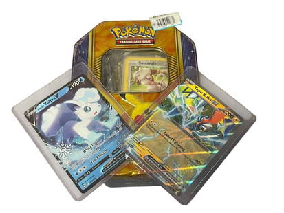 POKEMON COLLECTOR TIN FILLED WITH APROX. 200 POKEMON CARDS 2011-2024, DOUBLES, HALOS: 2011-2024 POKEMON TRADING CARD GAME CARDS IN COLLECTORS TIN, INCLUDES HALOS, DOUBLES, AND RARE CARDS