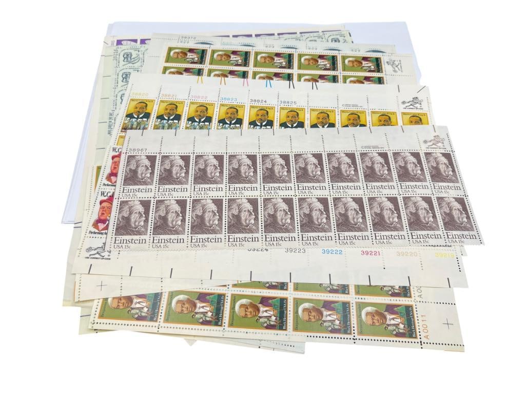 UNCUT MINT U.S. STAMP SHEETS INCLUDING MARTIN LUTHER KING JR., EINSTEIN, BENJAMIN BANNEKER, AND M...: FEATURES STAMPS FROM 1 CENT TO 15 CENT, UNCUT MINT SHEETS, MORE THAN $40 FACE VALUE IN STAMPS