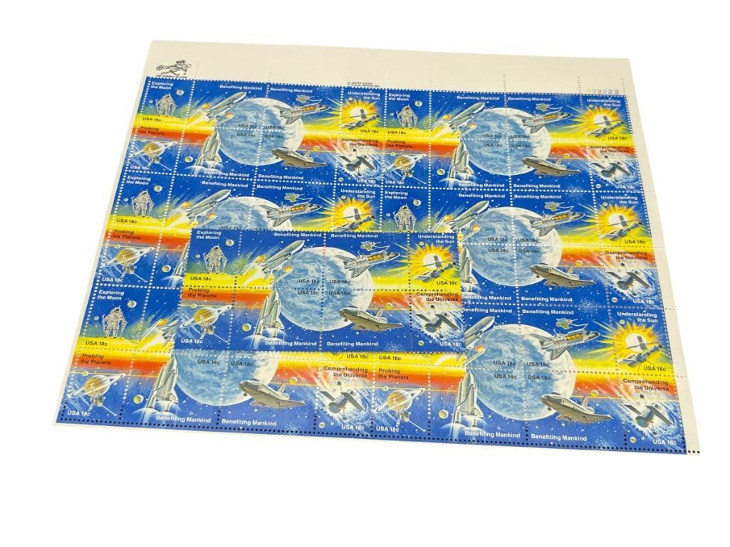 1981 UNCUT MINT U.S. STAMP SHEET EXPLORING THE MOON, BENEFITTING MANKIND, SPACE EXPLORATION, ETC.: 18 CENT STAMPS, MORE THAN $10 FACE VALUE