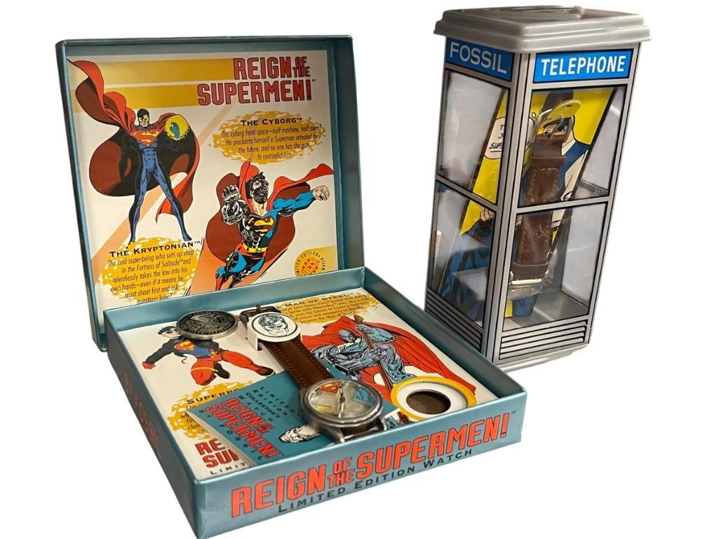 1993 SUPERMAN FOSSIL LIMITED EDITION WRISTWATCH AND 1993 PHONE BOOTH WRISTWATCH (1 of 9)