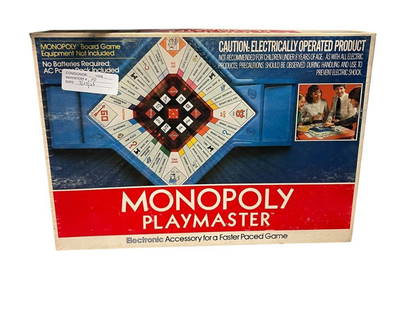 1982 PARKER BROTHERS MONOPOLY PLAYMASTER VINTAGE ELECTRONIC BOARD GAME: IN ORIGINAL BOX WITH BOOKLET, POWER ADAPTER AND BOARD GAME