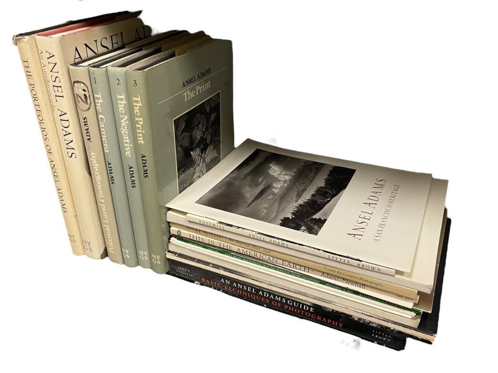 ASSORTED ANSEL ADAMS SOFT AND HARD BACK PICTORAL PHOTOGRAPH BOOKS: INCLUDES THE PORTFOLIOS OF ANSEL ADAMS, ANSEL ADAMS AN AUTOBIOGRAPHY, AN AMERICAN PLACE, AN ANSEL ADAMS GUIDE, THIS IS THE AMERICAN EARTH, AND MANY OTHERS, TOTAL OF 18 BOOKS