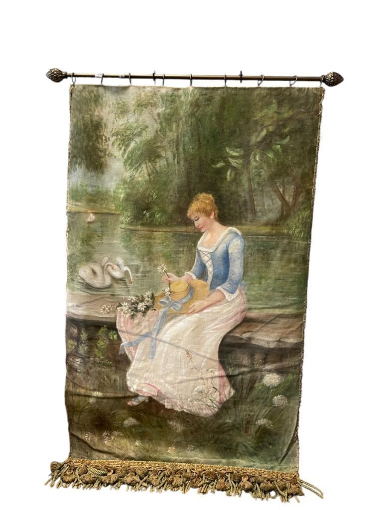 LATE 19TH CENTURY HAND PAINTED TAPESTRY DEPICTS SEATED WOMAN ALONG A RIVER WITH SWANS IN BACKGROUND (1 of 10)